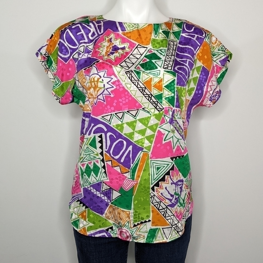 Vintage Jordana neon pink green purple western cowboy satin top XS/S